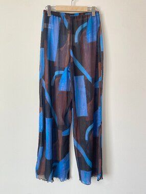 Zara Womens Wide Leg Pull On Pants M Blue Bohemian Artsy Geometric NWT